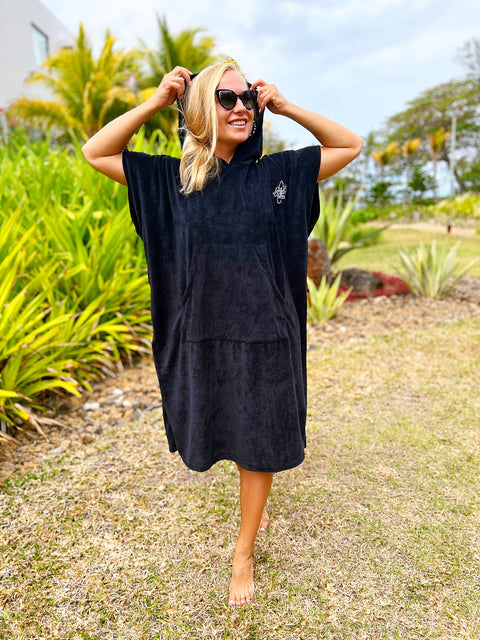 SurfVibes Premium Towel Poncho - Black