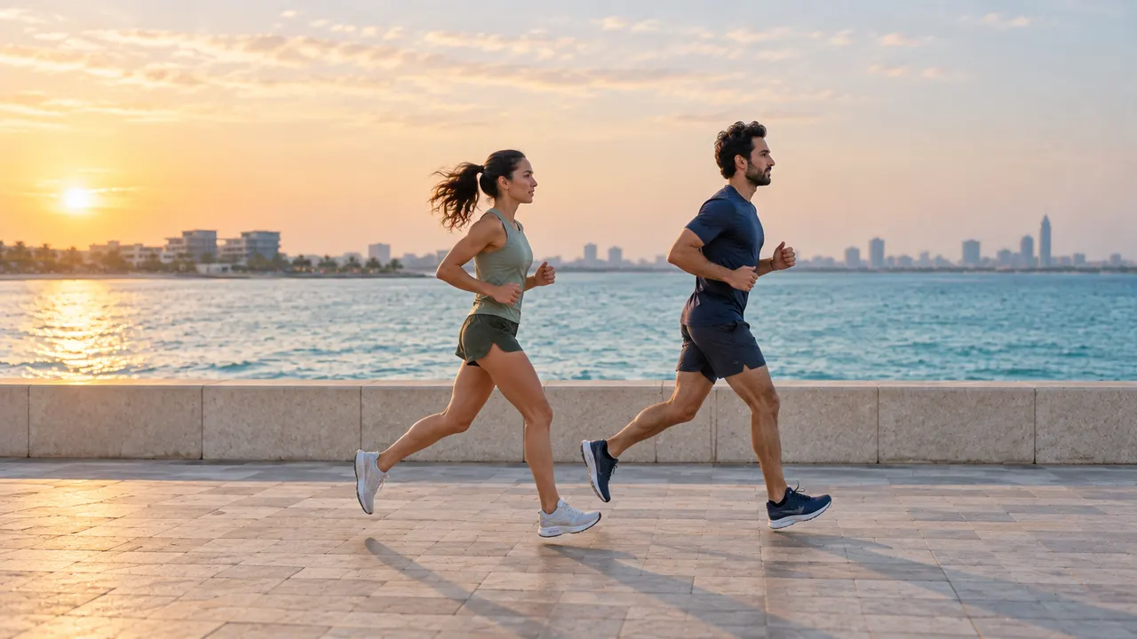 Runners moving along a coastal promenade