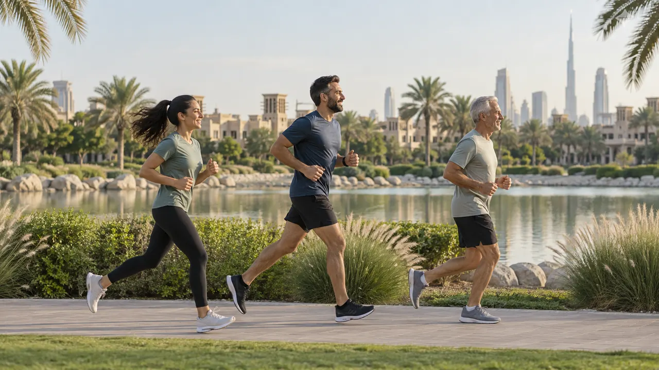 Three adults running together in a park
