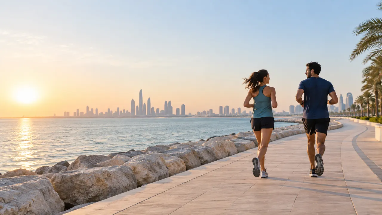 Runners following a waterfront path at sunrise