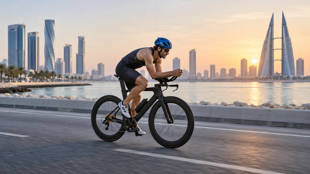 A triathlete cycling beside Manama’s modern waterfront.