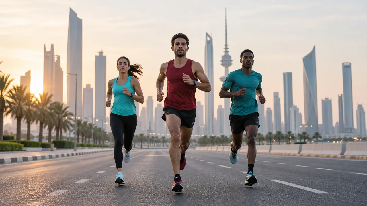 Distance runners on a city road with a modern skyline beyond.