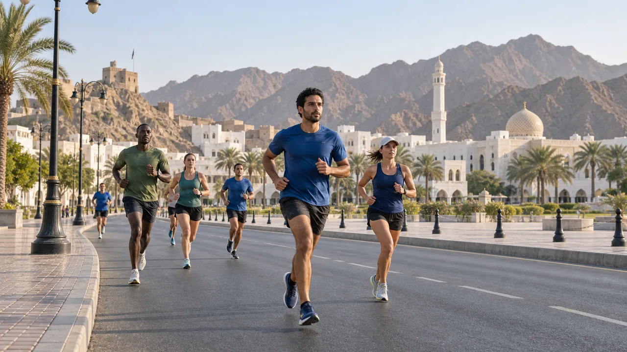 Marathon runners with white city buildings and rugged mountains beyond.