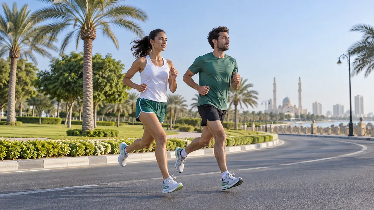 Distance runners following a paved road beside a green park.