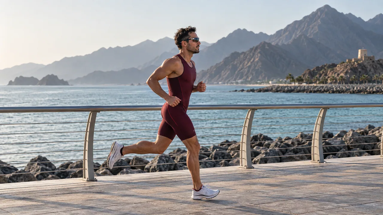 A triathlete running along a waterfront beneath mountain scenery.