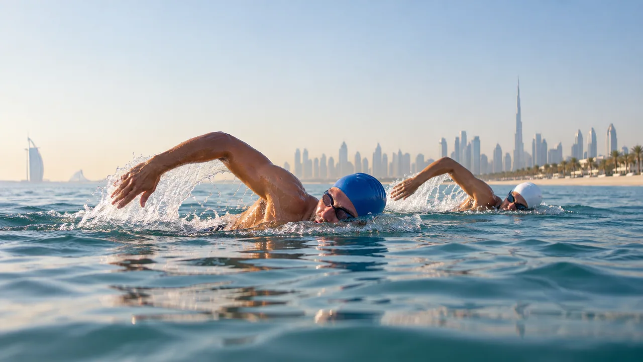 Open-water swimmers moving through calm coastal water.