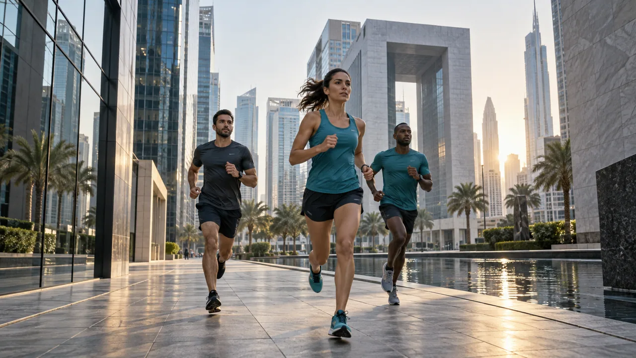 Runners among geometric glass and stone city buildings.