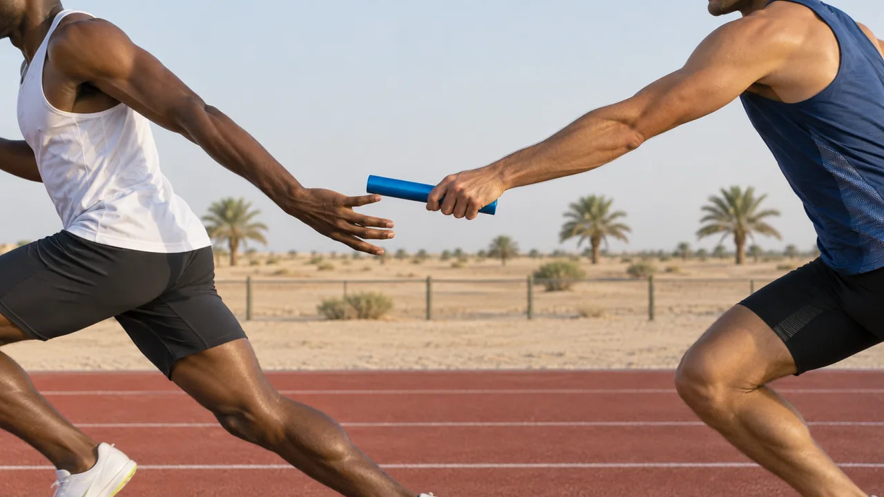 Two relay runners exchanging a baton on a running track.