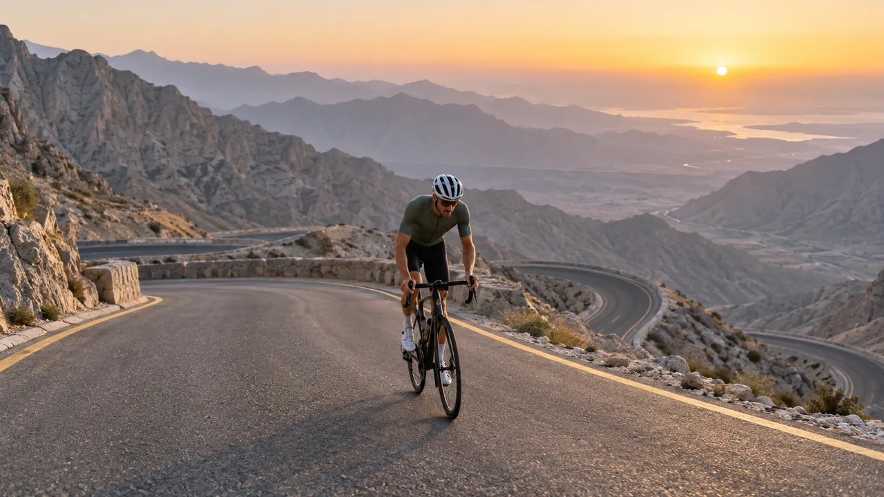 A road cyclist climbing a winding mountain road.