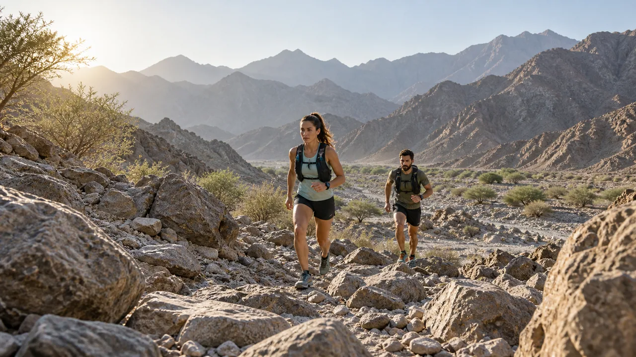 Trail runners crossing a rocky wadi beneath layered mountains.