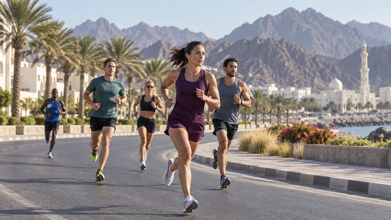 Distance runners rounding a city-road bend with mountains behind.