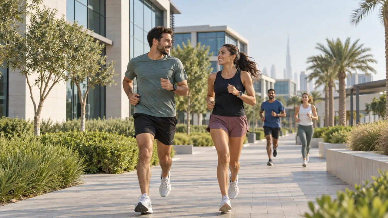 Recreational runners beside a landscaped modern office campus.