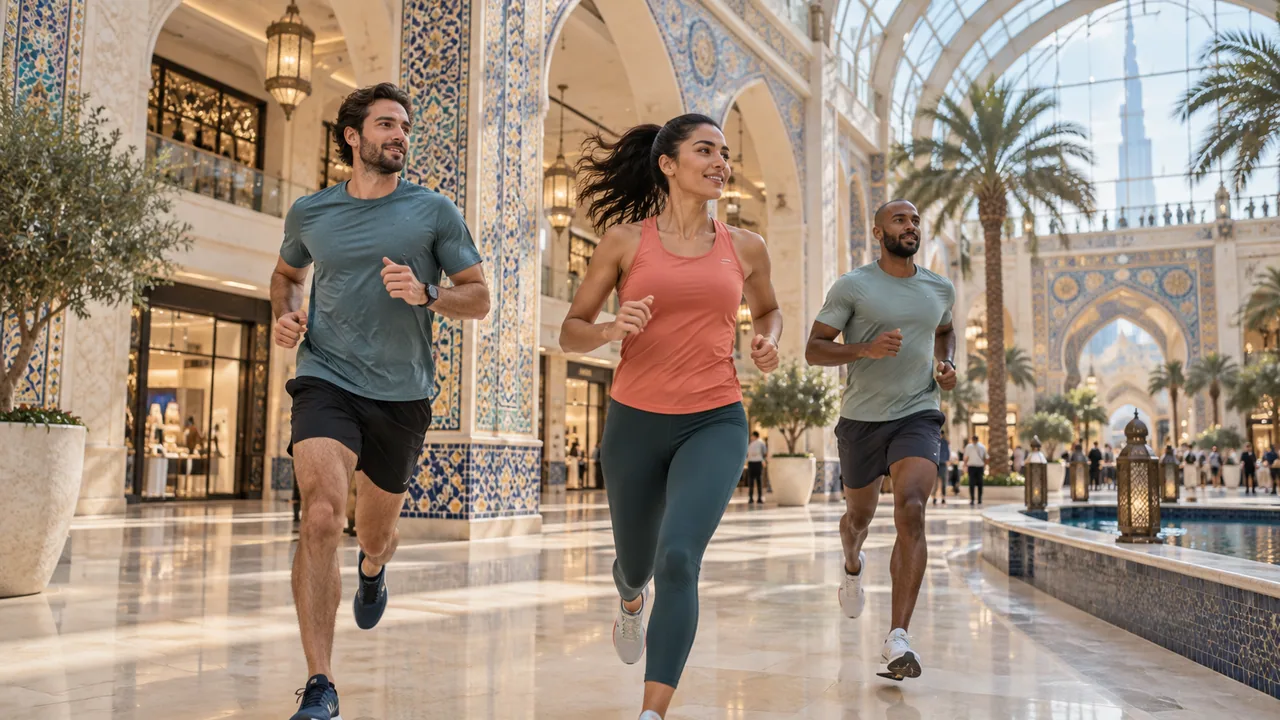 Runners beneath tiled arches inside a spacious shopping mall.