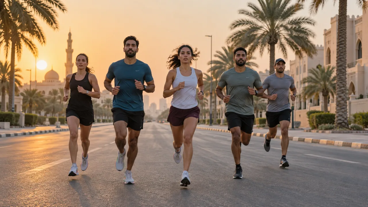 Road runners on a palm-lined city street at sunrise.