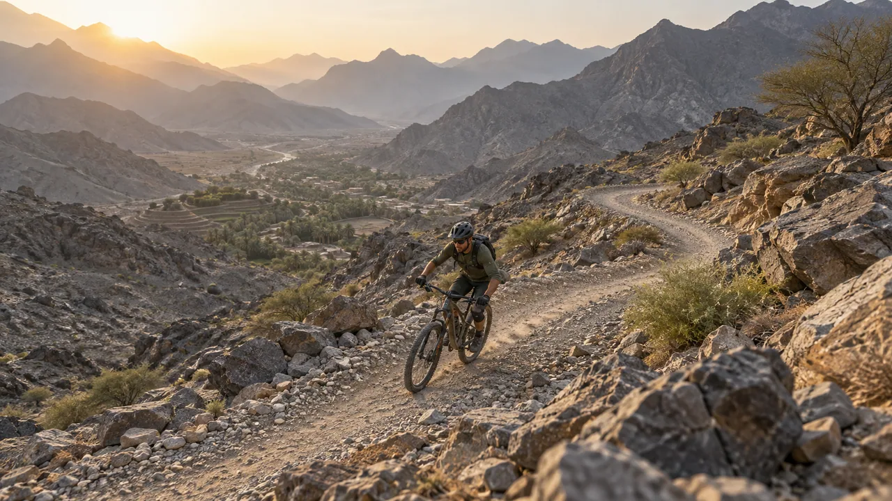 A mountain biker following a winding gravel trail through rugged hills.