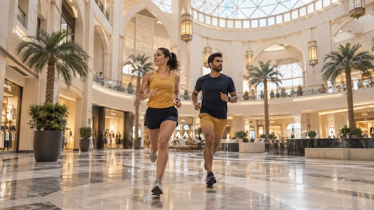 Runners moving through a bright indoor shopping arcade.