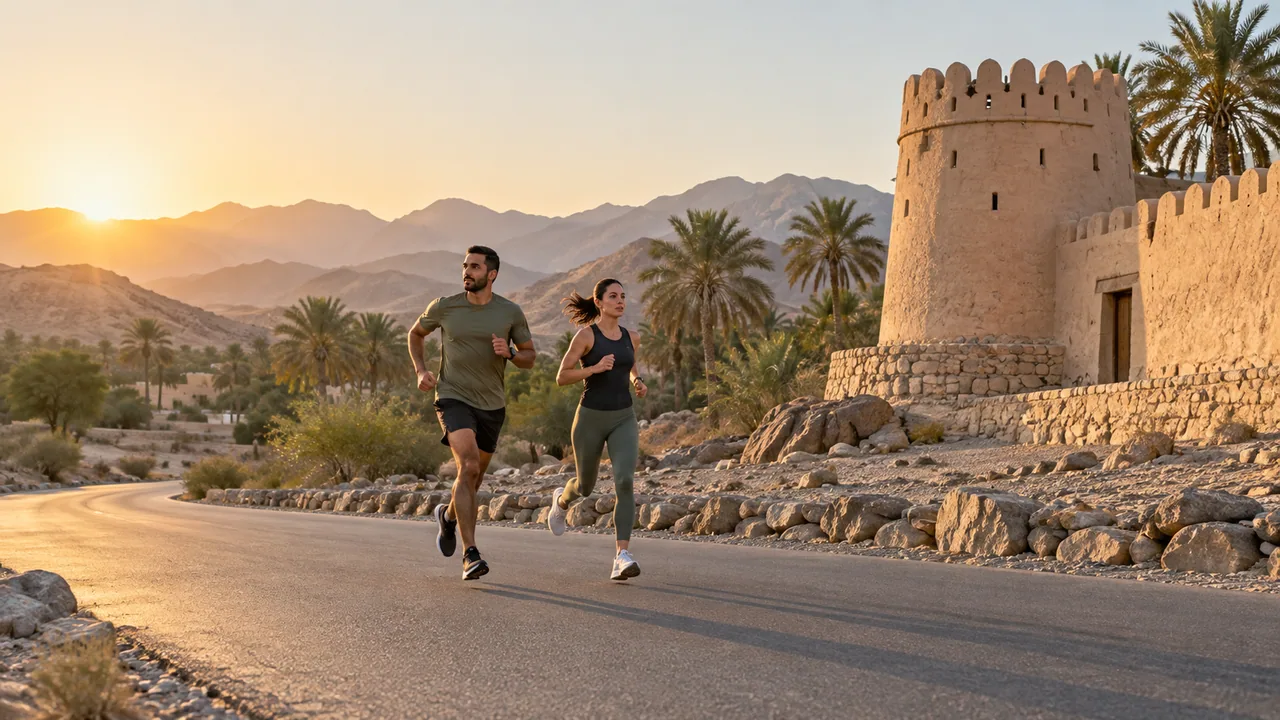 Runners passing traditional earthen architecture at sunset.