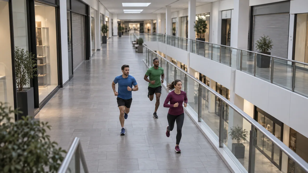 Runners on an enclosed upper-level mall walkway.