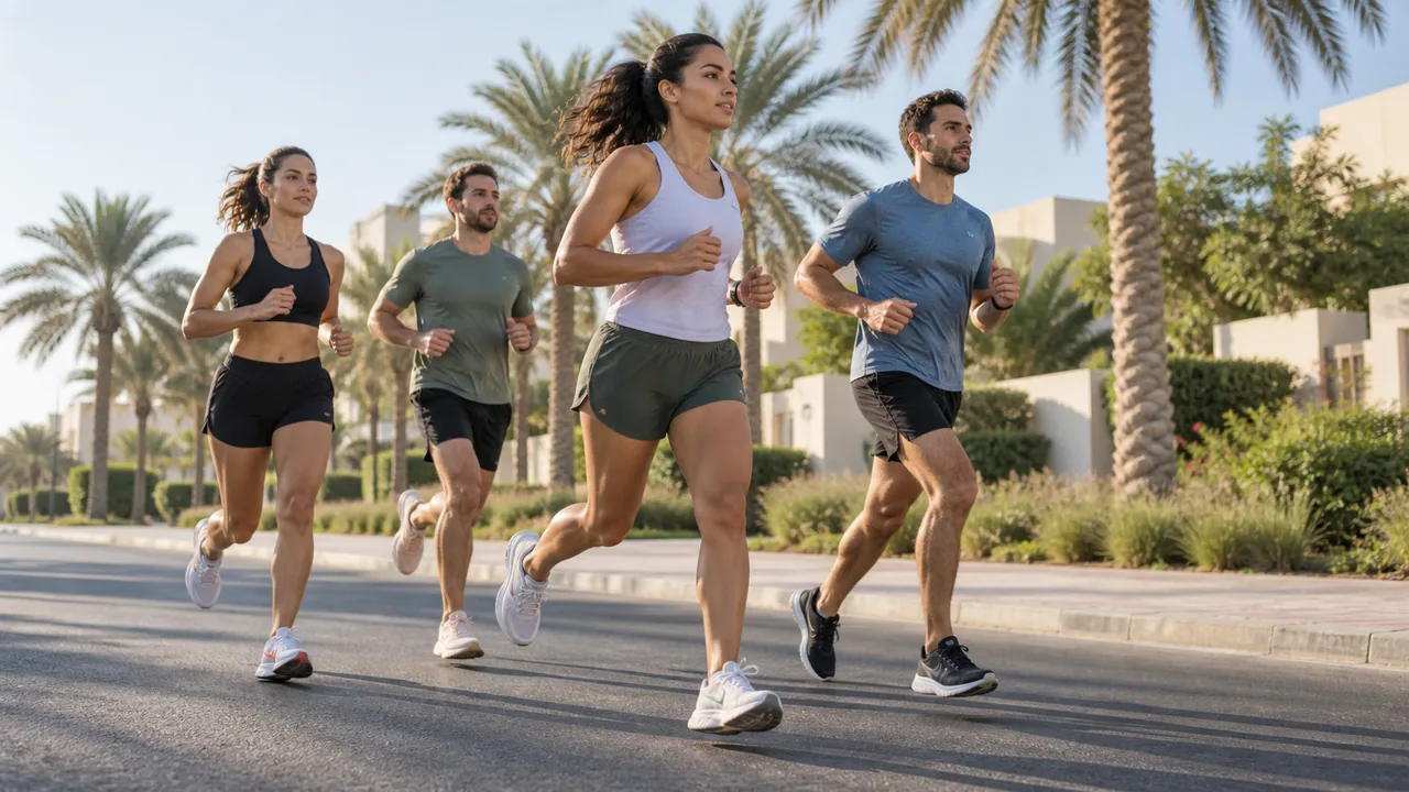 Friends running along a quiet palm-lined neighbourhood road.