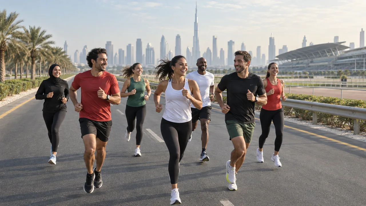 A running group in bright kit on a winter morning road.