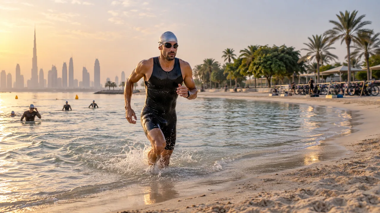 A triathlete leaving the water for a beach transition.