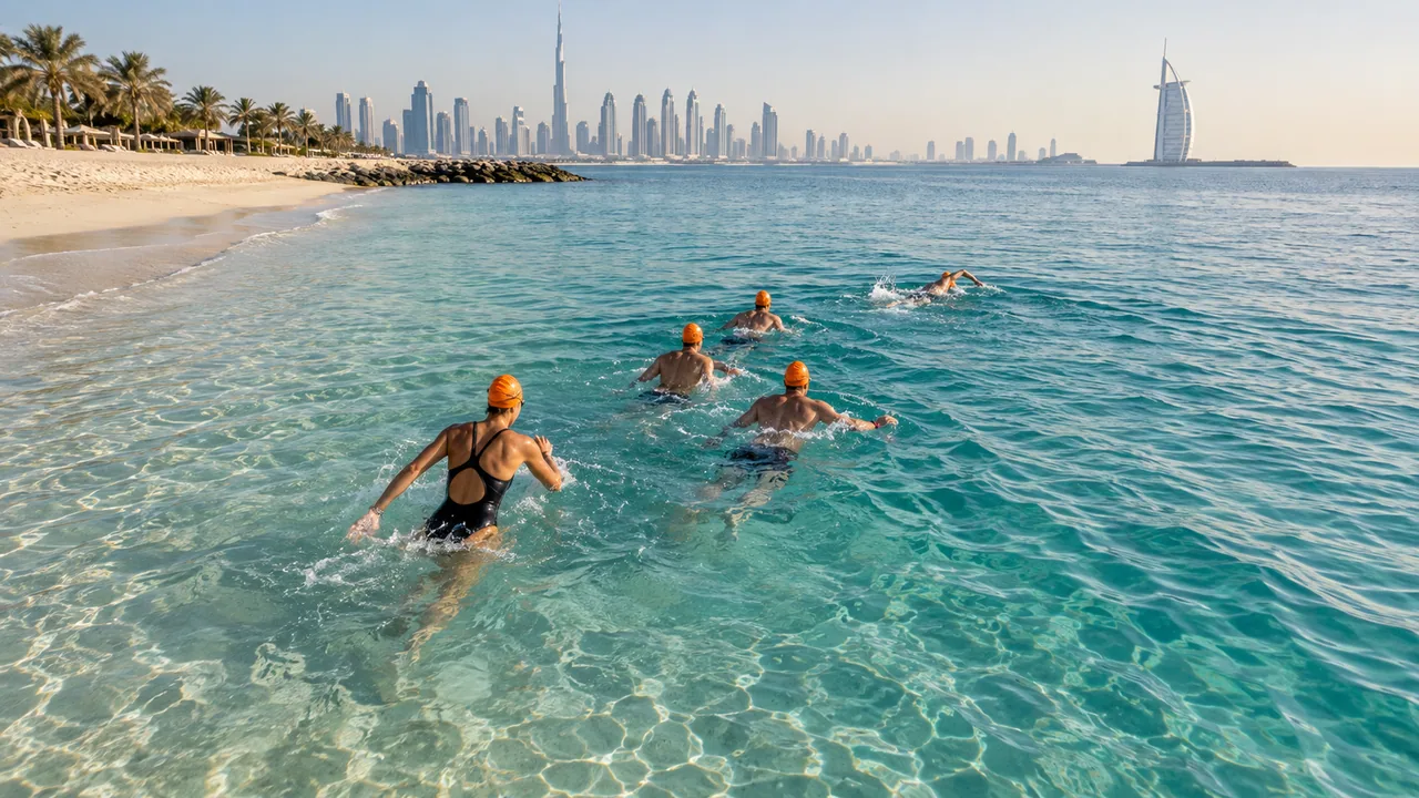 Swimmers in orange caps heading from sandy shallows into open water.
