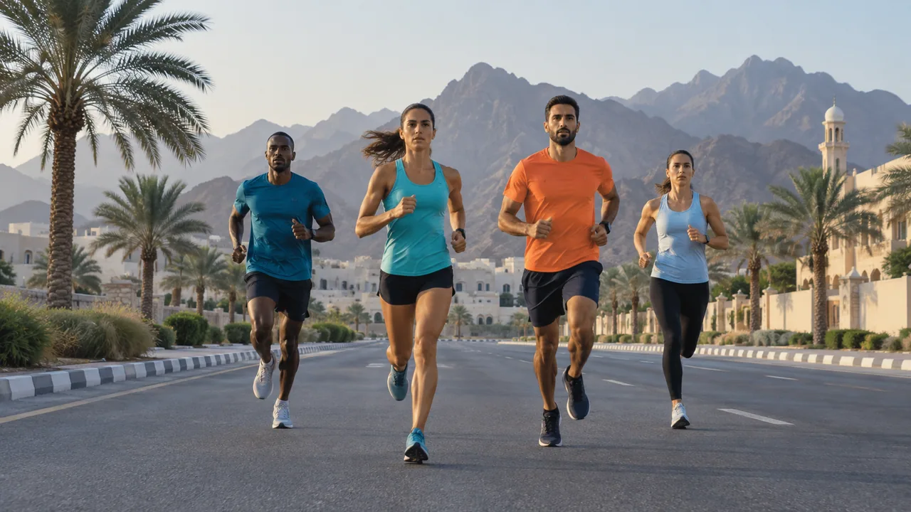 Road runners with rugged mountains beyond the city.