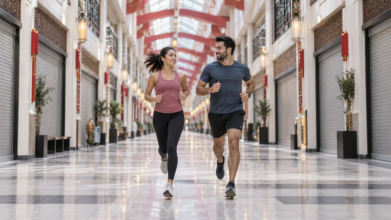 Runners along a modern indoor mall concourse with red accents.