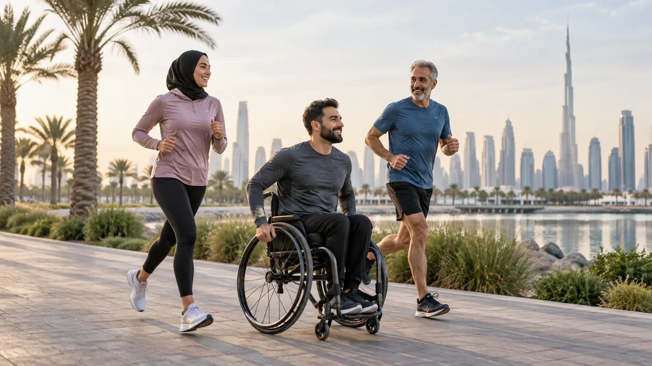 A wheelchair participant and runners moving together in a community event.