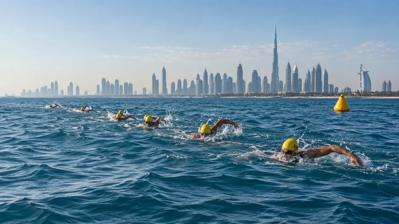 Open-water swimmers crossing blue sea towards a distant shoreline.
