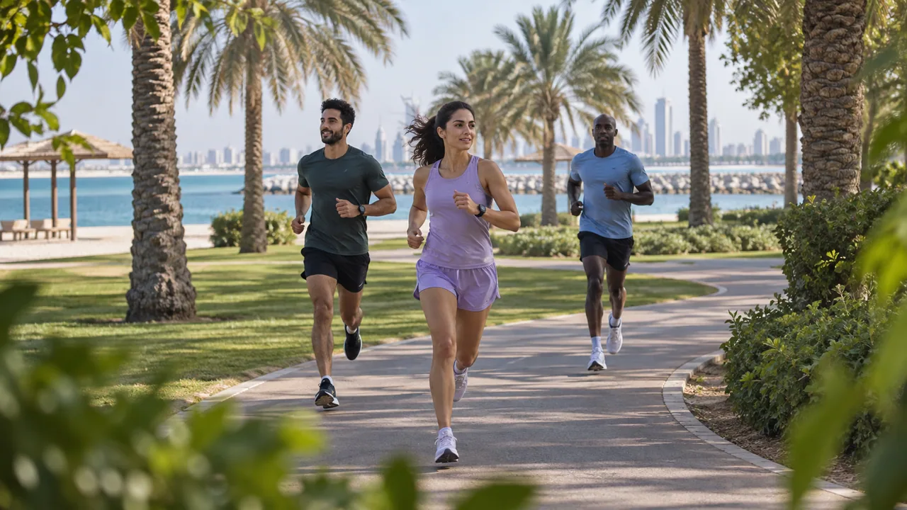 Runners on a shaded park path beside the sea.