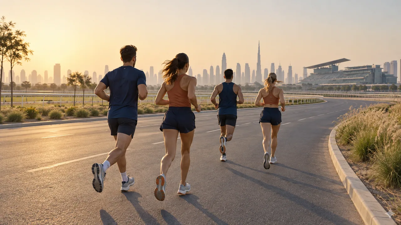 Runners on a broad open road at dawn near the city.