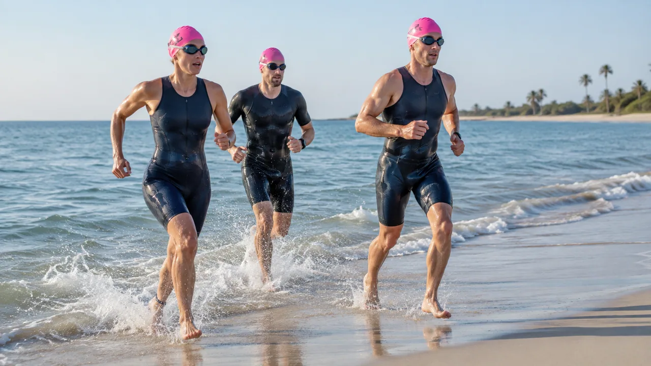 Swim-run athletes in dark race suits and pink caps coming out of the sea.