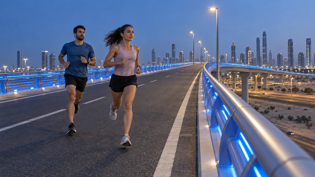 Night runners crossing a lit bridge with city lights beyond.