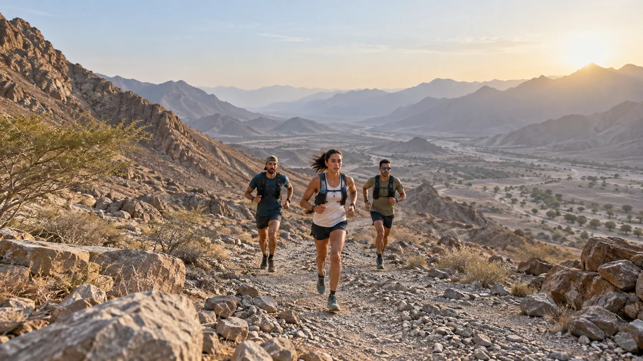 Trail runners following a stony path through mountain foothills.