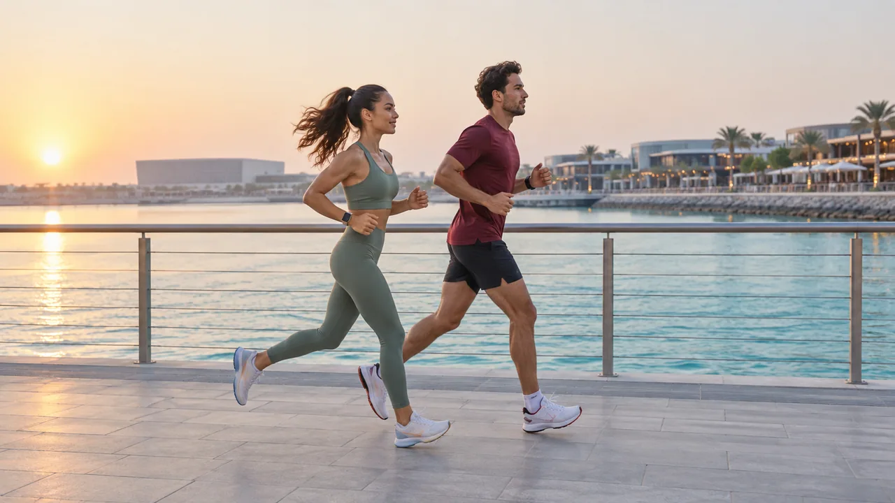 Runners following a modern bay-side promenade.