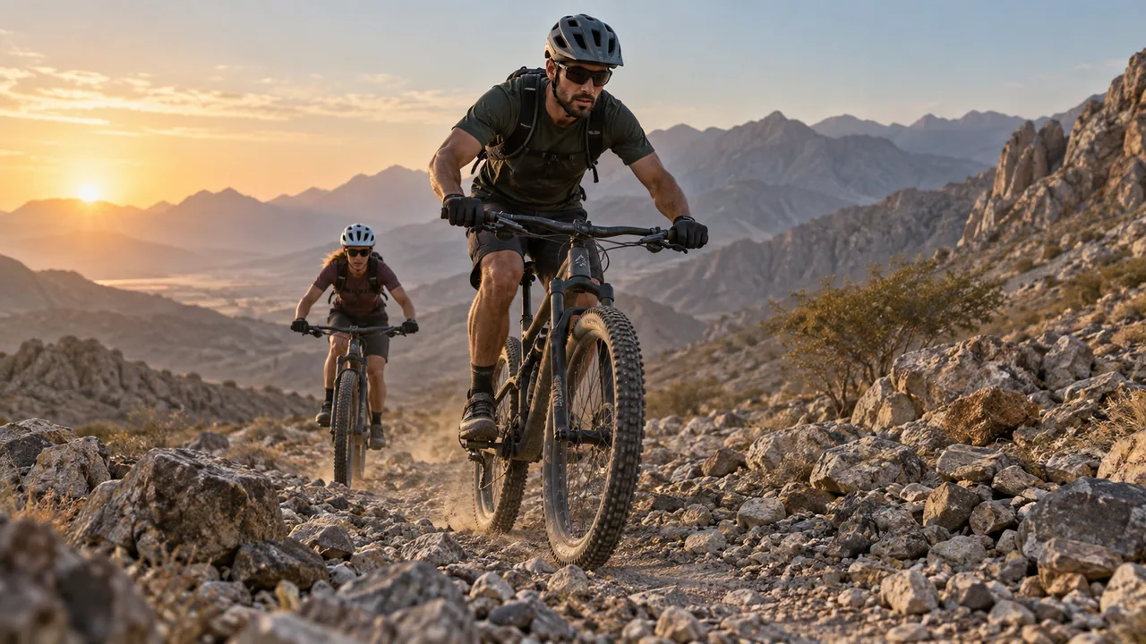 Mountain bikers on a gravel trail below rocky ridges.