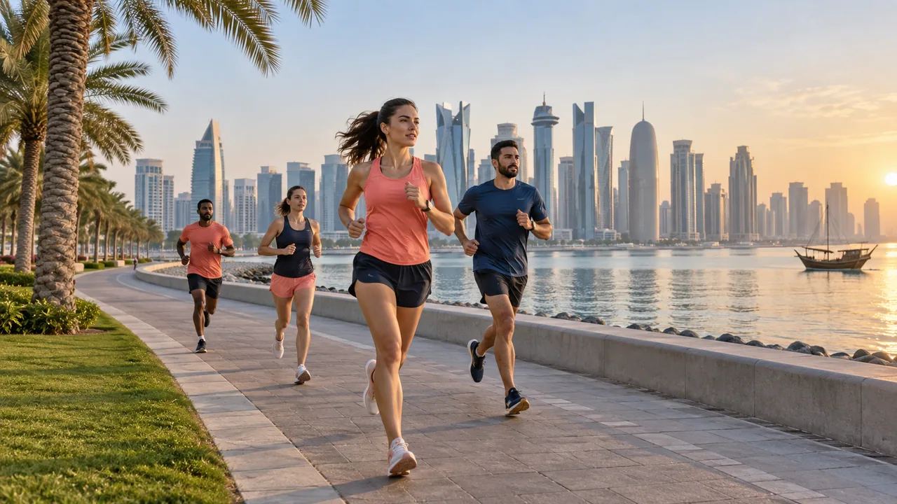Road runners along Doha’s waterfront with towers across the bay.
