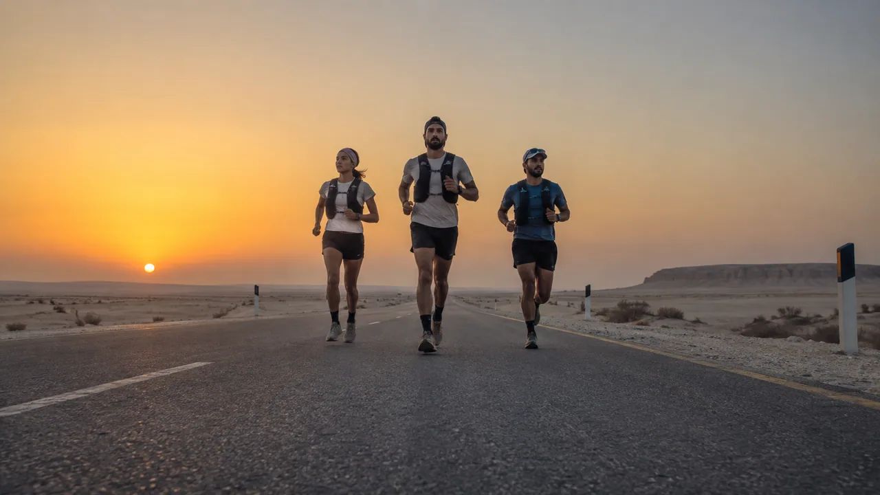 Ultrarunners following a long paved road through open desert.