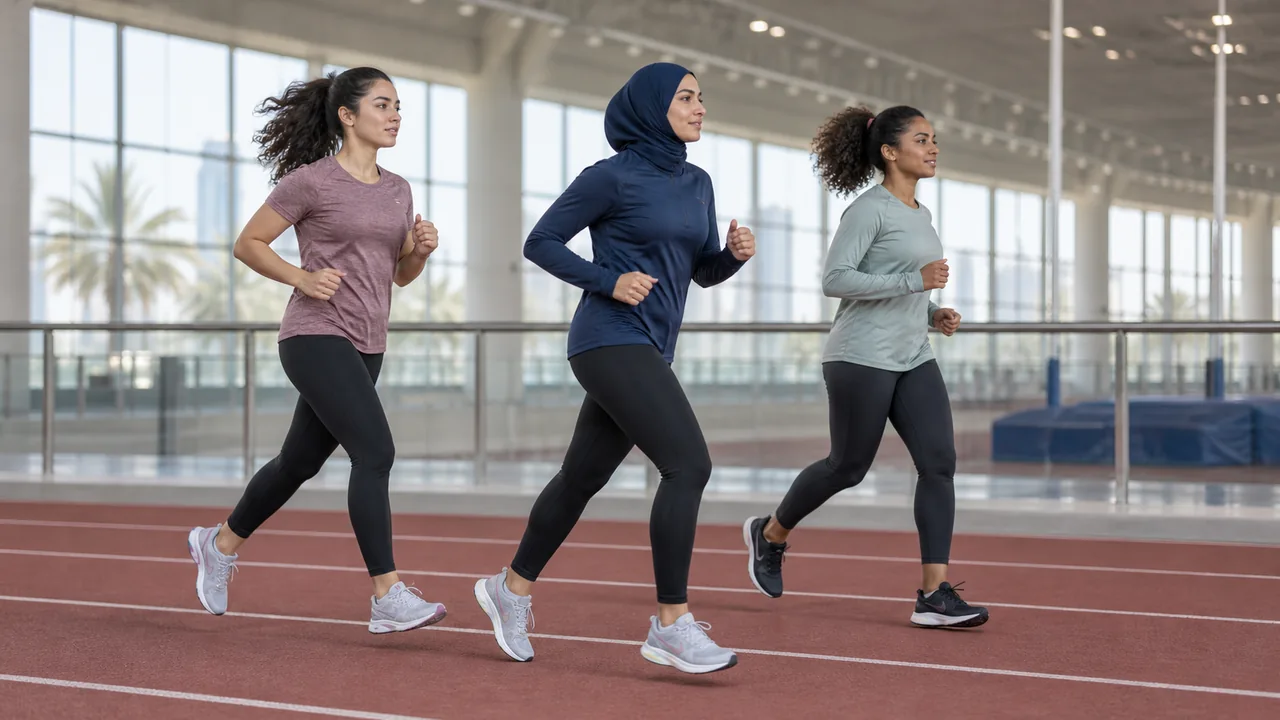 Women running on an indoor athletics track in technical sportswear.