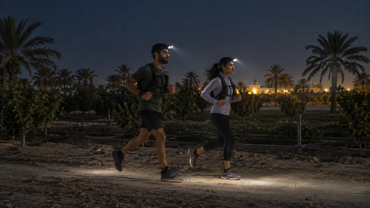 Two runners with headtorches following a flat farm track at night.
