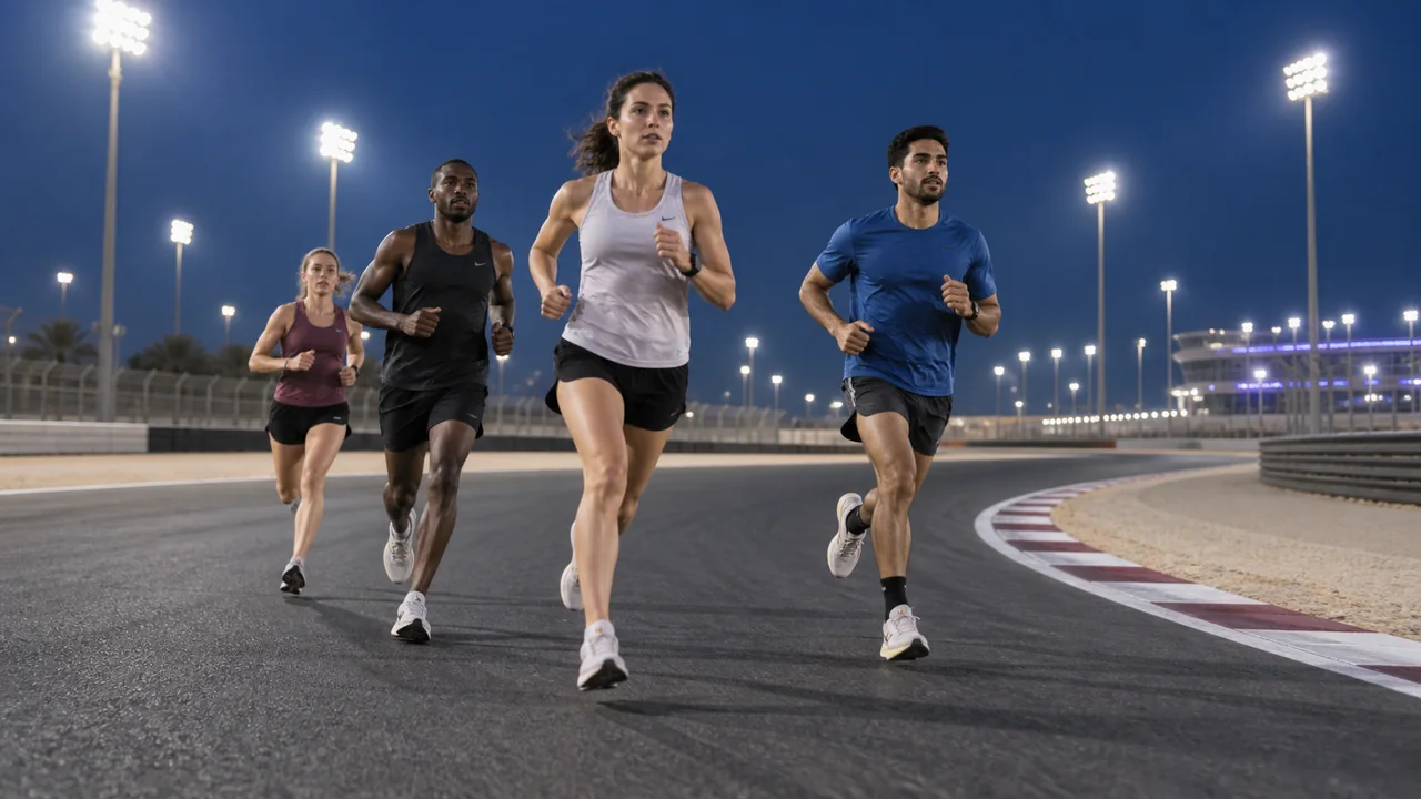 Road runners rounding a smooth motor-racing circuit under floodlights.