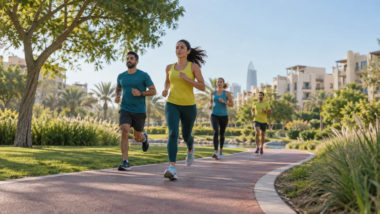 Runners following a curving path through a green neighbourhood park.