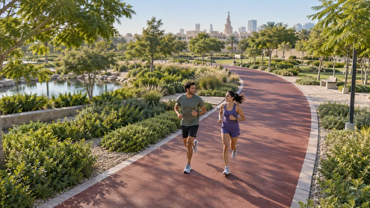 Two runners rounding a leafy park loop.