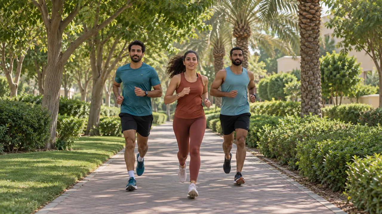 Runners moving along a shaded avenue of park trees.
