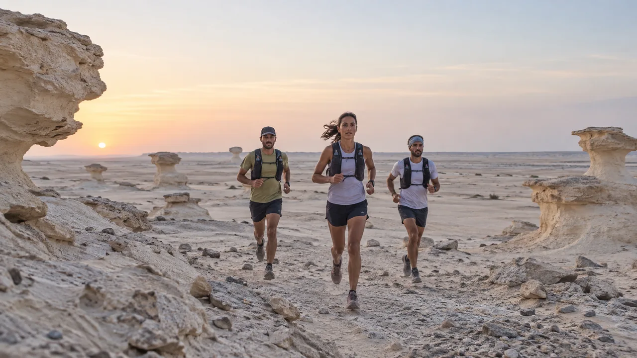 Trail runners crossing desert terrain among low limestone formations.