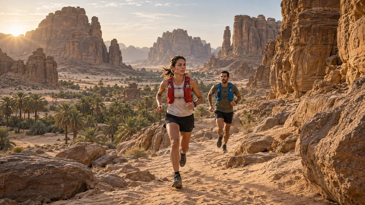 Trail runners among golden sandstone formations.