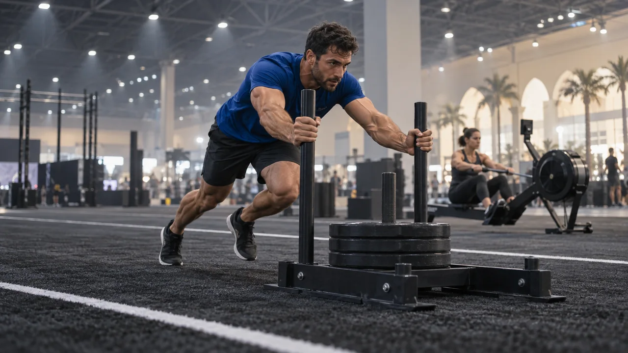 An athlete pushing a weighted sled inside a spacious exhibition hall.