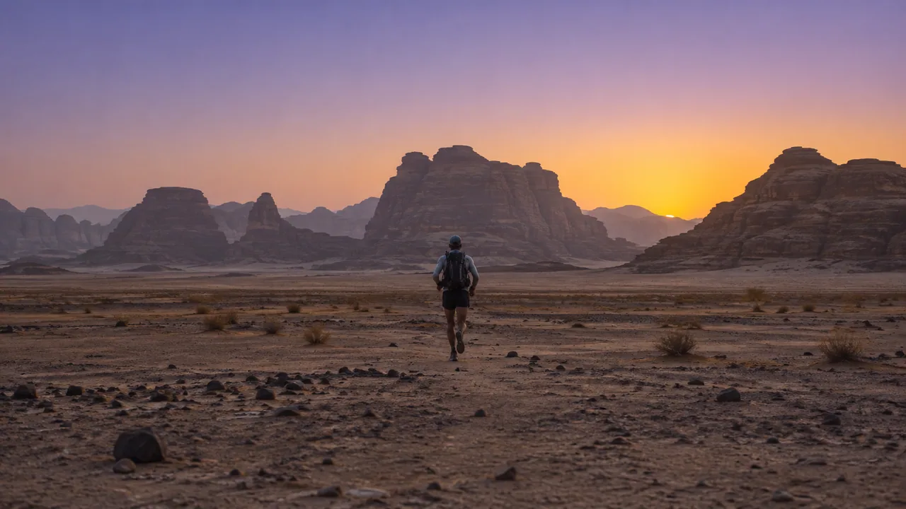 A lone endurance runner crossing an open desert plain before sunrise.